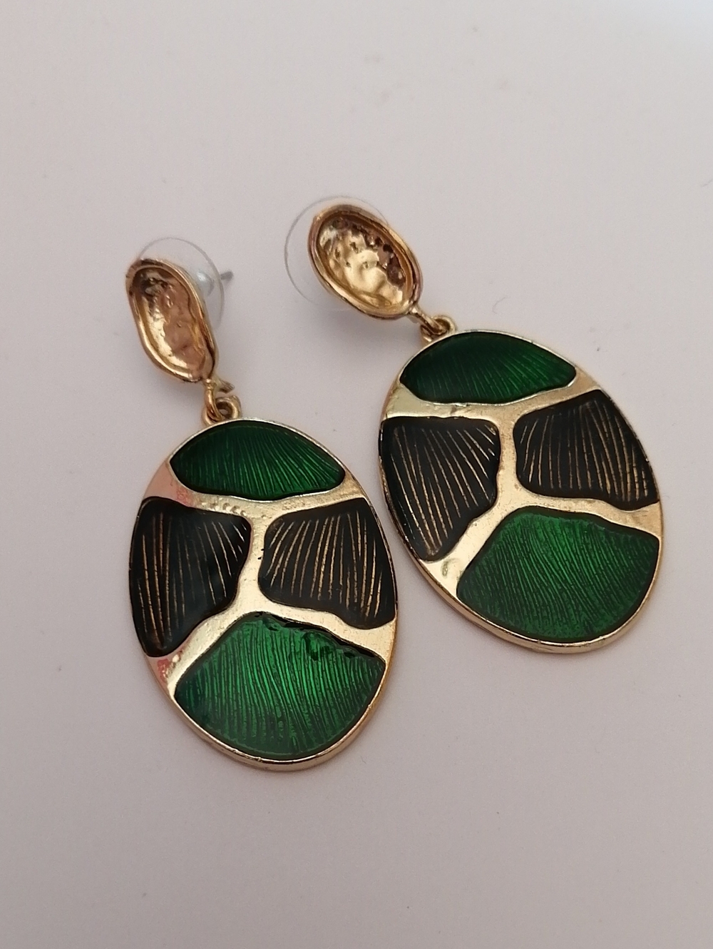 Oval Geometric Transparent Green Brown Resin Fill Goldtone Earrings